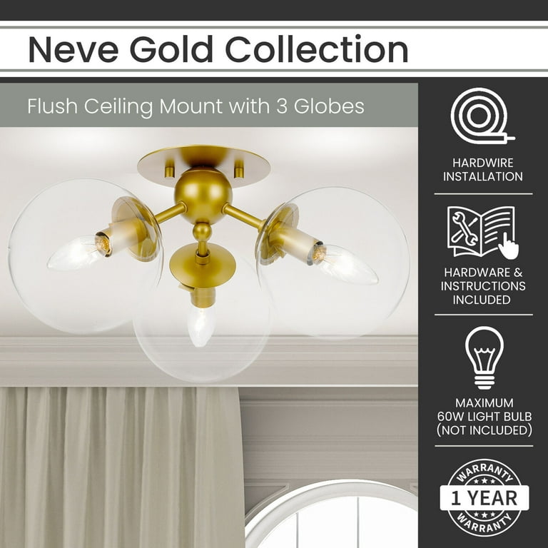 Hanover Neve Flush Ceiling Light w/ 3 Clear Glass Globes