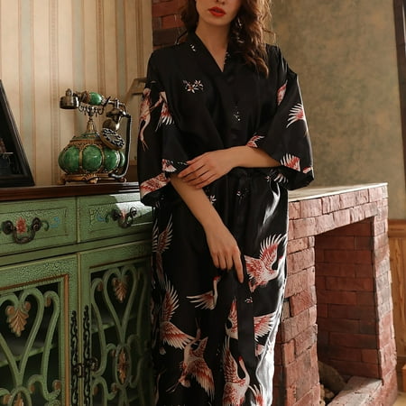 

JNGSA Women s Long Classic Satin Kimono Lounge Bathrobe Medium Sleeve Plus Size Bathrobe Bride s Nightgown Black