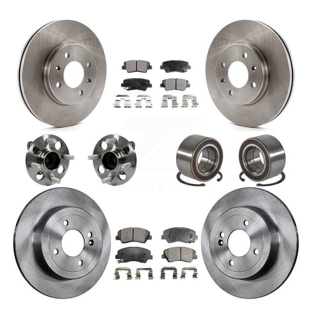 Transit Auto Front Rear Wheel Hub Bearings Assembly Disc Brake Rotors and Semi-Metallic Pads Kit (10Pc) for Car Kia Rio - Left Right Side (Driver Passenger) KBB-106385