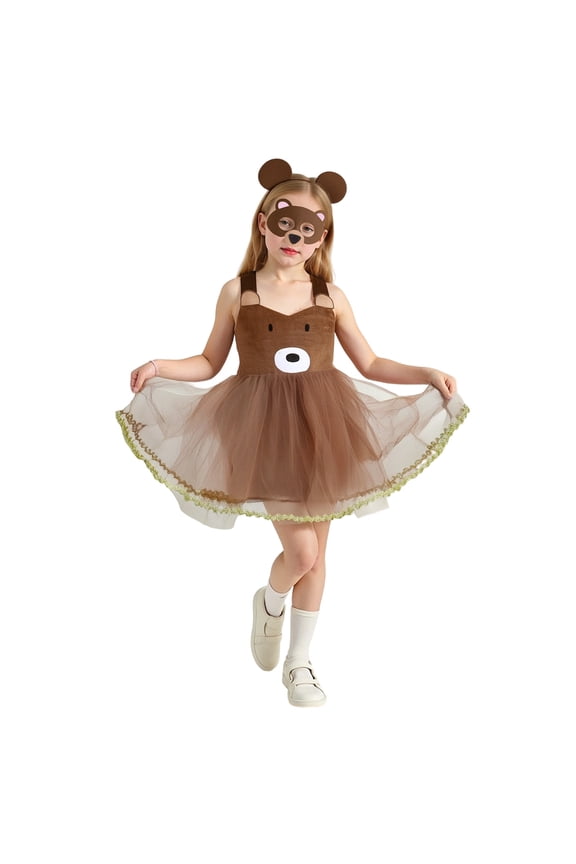 Big Girls Dresses Cute Animal Bear Set Role Play Performance Daily Wear Kids Dress Up Clothes for Girls Size 9-10T,Brown