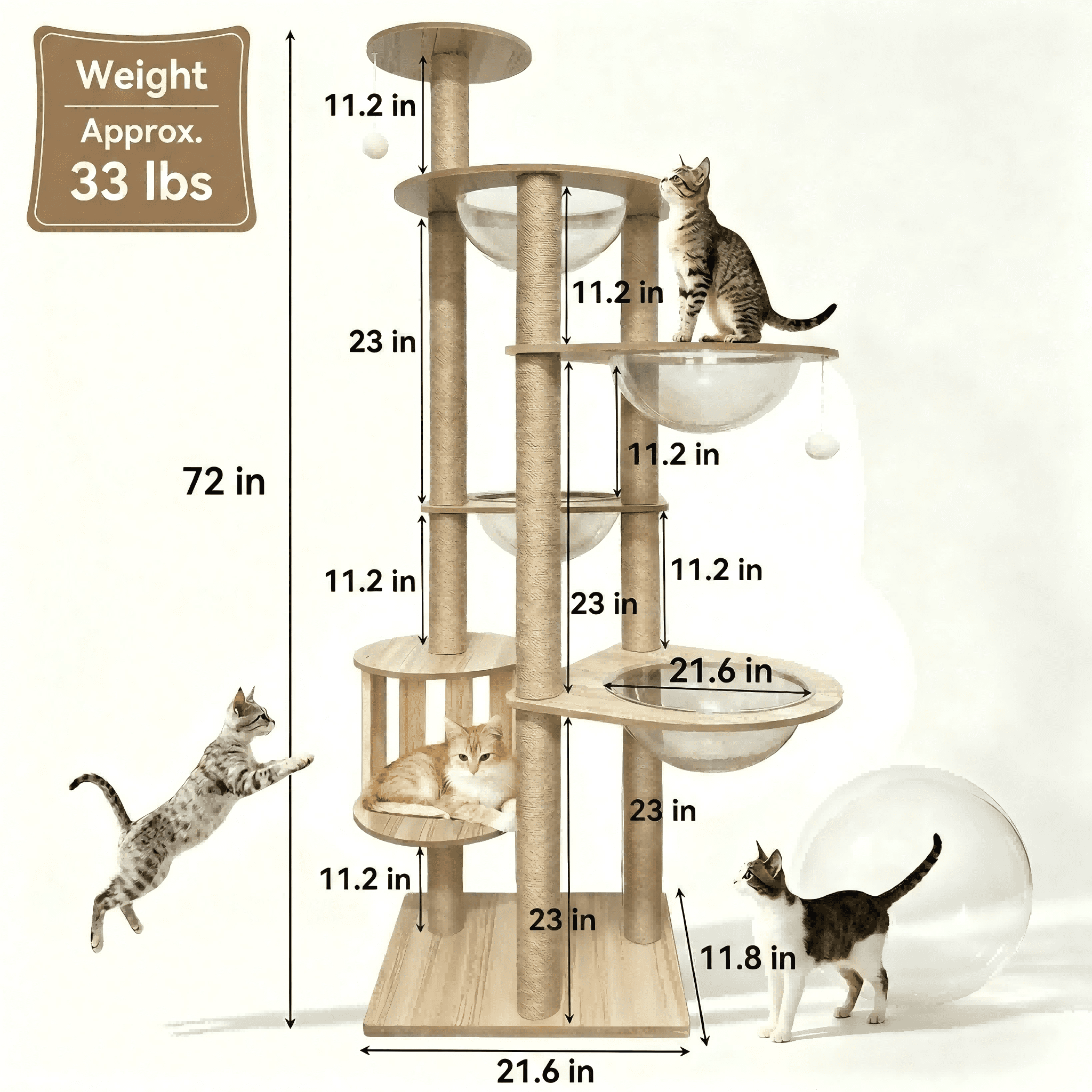 Mekidulu 72in Wood Cat Tree Tower with 4 Feeding Bowls and 12 Sisal Posts, Indoor Condo, Natural