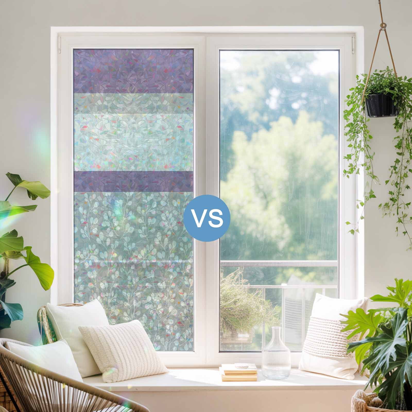 Purple Grey Window Privacy Film Stain Glass,Reusable Decorative Rainbow Window Film,Chic Garden Floral Stripe Aesthetic Flower Static Cling Sun Blocking Stickers Decals Covers 23.6" x 78.7" (2pcs)