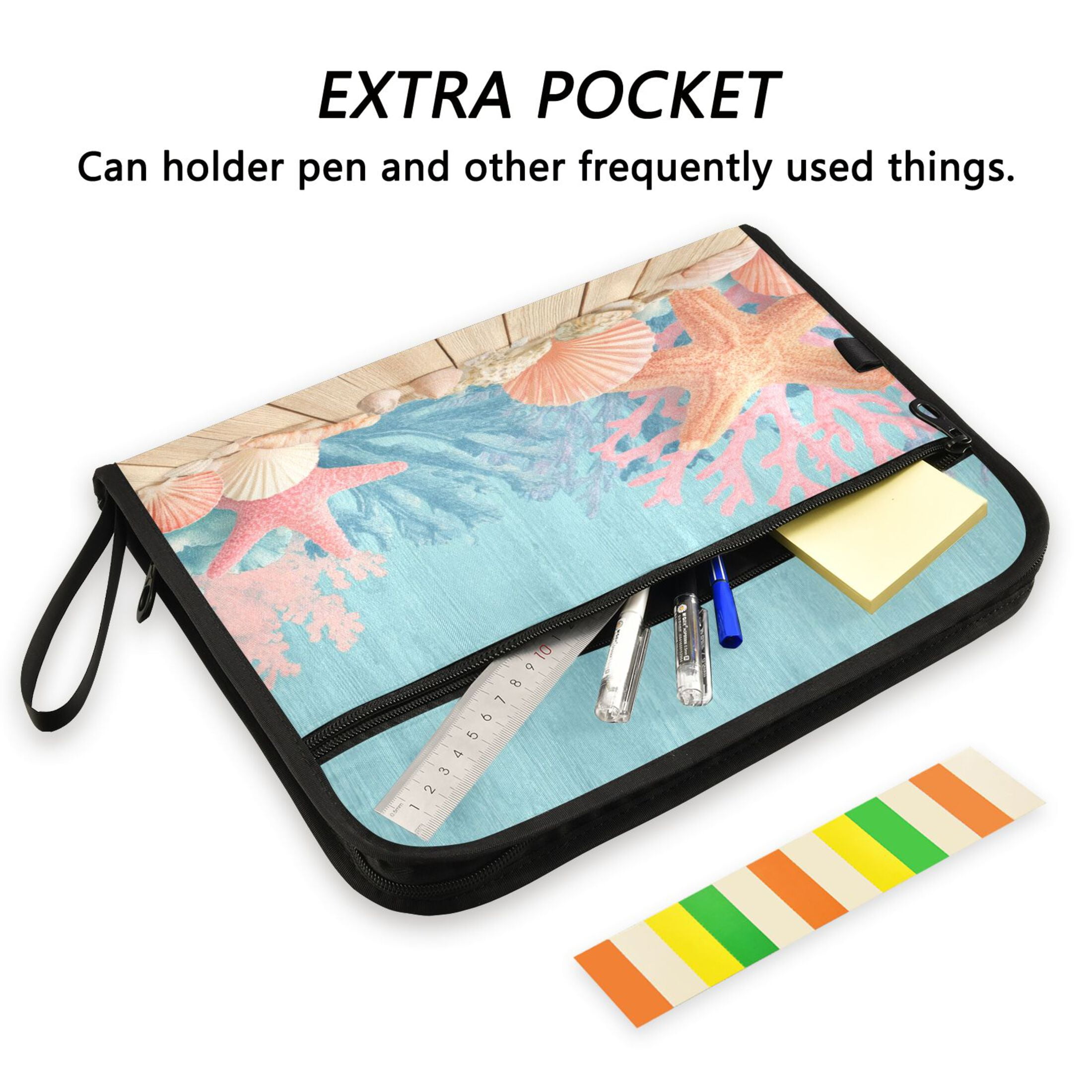 Accordion File Organizer with Zip Closure 13 Pockets Expanding File Folder Letter A4 Paper Document Organizer for Home Office Colorful Starfish and Seashells