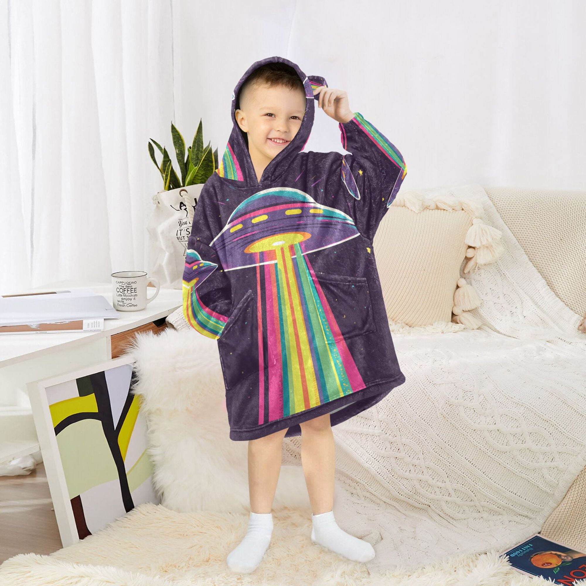FORMRS Wearable Blanket Hoodie with Sleeves for Kids Cozy Flannel Sweatshirt, Colorful UFO