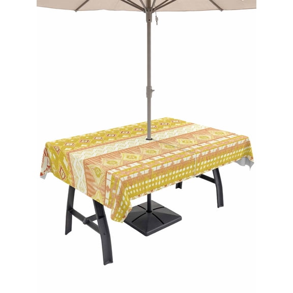 Outdoor Tablecloth with Umbrella Hole and Zipper, Bohemian Yellow Stripes Tribal Rectangle Waterproof Table Cover 60x84in Washable Table Cloth for Patio Picnic Party Abstract Geometric Seamless