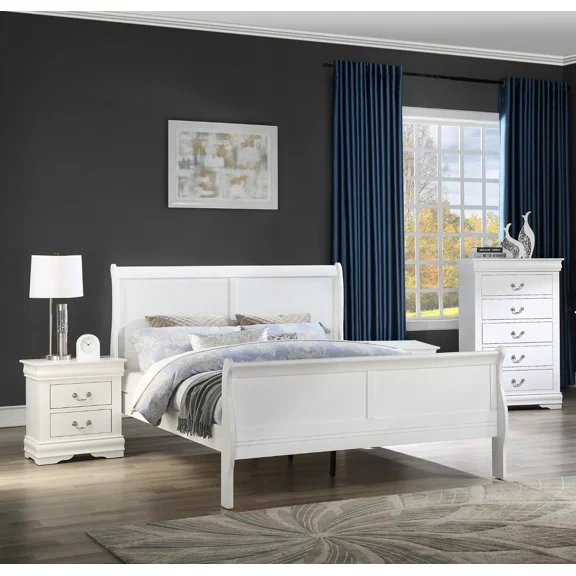 3pc Louis Philip Full Panel Bed Chest Nightstand Set Bedroom Furniture White Finish