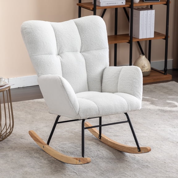 PORKISS Modern Rocking Chair, Upholstered Teddy Fabric Accent Chairs with High Backrest, Glider Rocker Comfortable Armchair with Padded Seat for Living Room Bedroom Playroom, Ivory