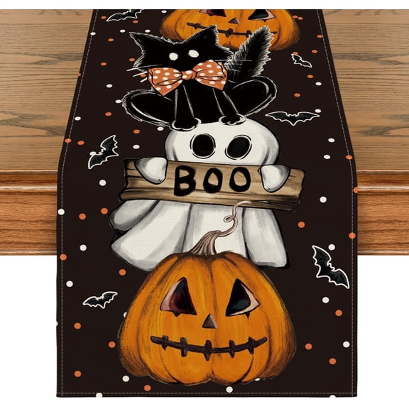 Polka Dot Ghost Pumpkin Cat Boo Halloween Table Runner, Bat Seasonal Fall Kitchen Dining Table Decoration for Home Party Decor 13x72 Inch