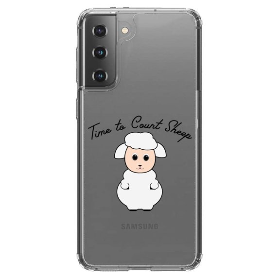 DistinctInk Clear Shockproof Hybrid Case for Galaxy S21 5G (6.2" Screen) - TPU Bumper Acrylic Back Tempered Glass Screen Protector - Time to Count Sheep - Lamb