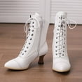 thumbnail image 5 of Women's Vintage Victorian Mid Calf Ankle Boots Pointed Toe Chunky Low Heel Boot Shoes Lace Up Outdoor Knight Boots with Zipper Side, 5 of 6