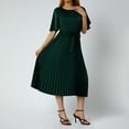 thumbnail image 3 of KOMOO Women Midi Dress Solid Color Pleated Waist Tie Dress Short Sleeve Crew Neck Dress Plus Size, 3 of 7