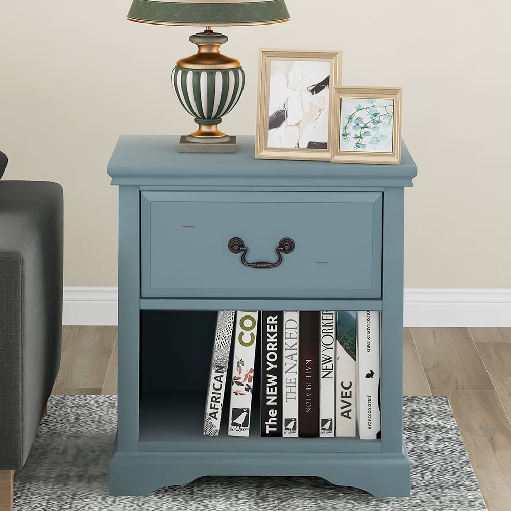 Lowestbest Modern Solid Wood Bedside Table, Living Room Side Table Coffee Table with 1 Drawer, Blue Lowestbest Modern Solid Wood Bedside Table, Living Room Side Table Coffee Table with 1 Drawer, Blue