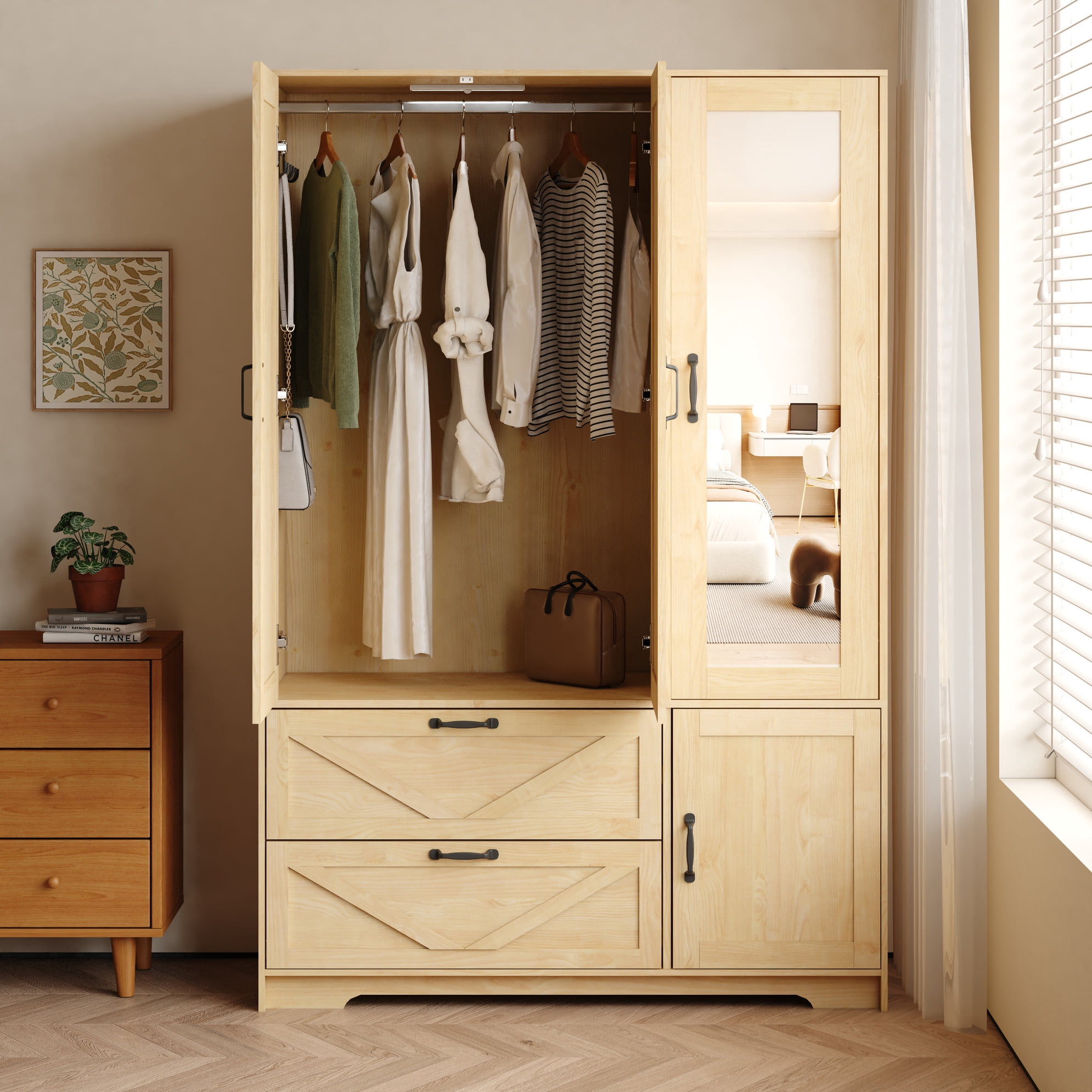 Noble House 4 Doors Wardrobe Closet with Mirror, LED Light and Drawers, Natural