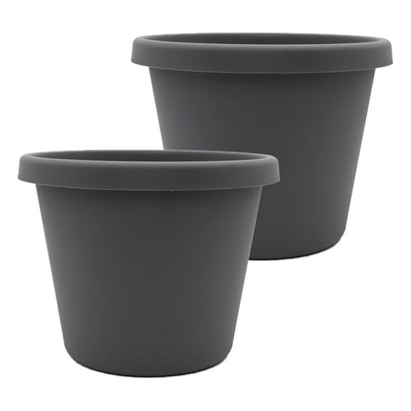 20 Inch Round Prima Planter - Large Plastic Plant Pot with Rolled Rim for Indoor Outdoor Plants Flowers , Warm Gray (Pack of 2)