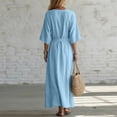 thumbnail image 4 of Smsaxvxz Women's Summer Dresses Fashion Solid V Neck 3/4 Sleeve Tie Knot Waist Maxi Dress with Pockets Casual Loose Beach Sundress Light Blue XL, 4 of 6