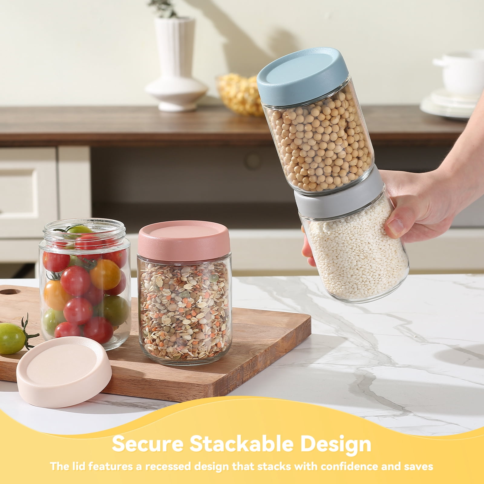 Novelinks 6 Pack 16oz Glass Jars with Colorful Plastic Lids, Airtight Clear Food Storage Containers for Pantry, Spices, Stackable & Reusable Canisters