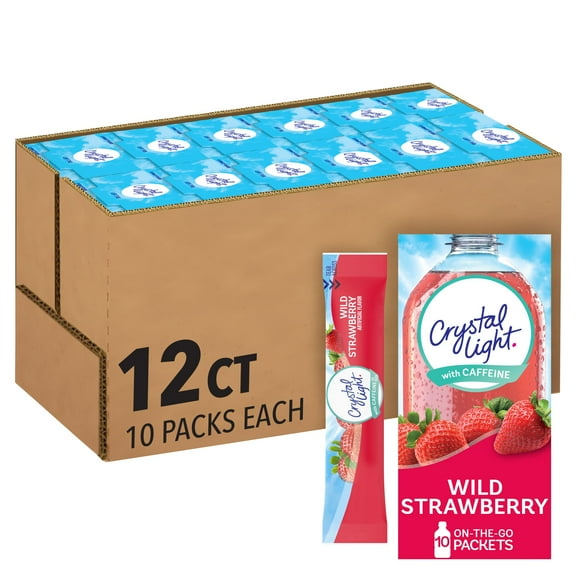 Crystal Light Wild Strawberry Artificially Flavored BSL1 Powdered Drink Mix with Caffeine, 120 ct Pack, 12 Boxes of 10 On-the-Go-Packets