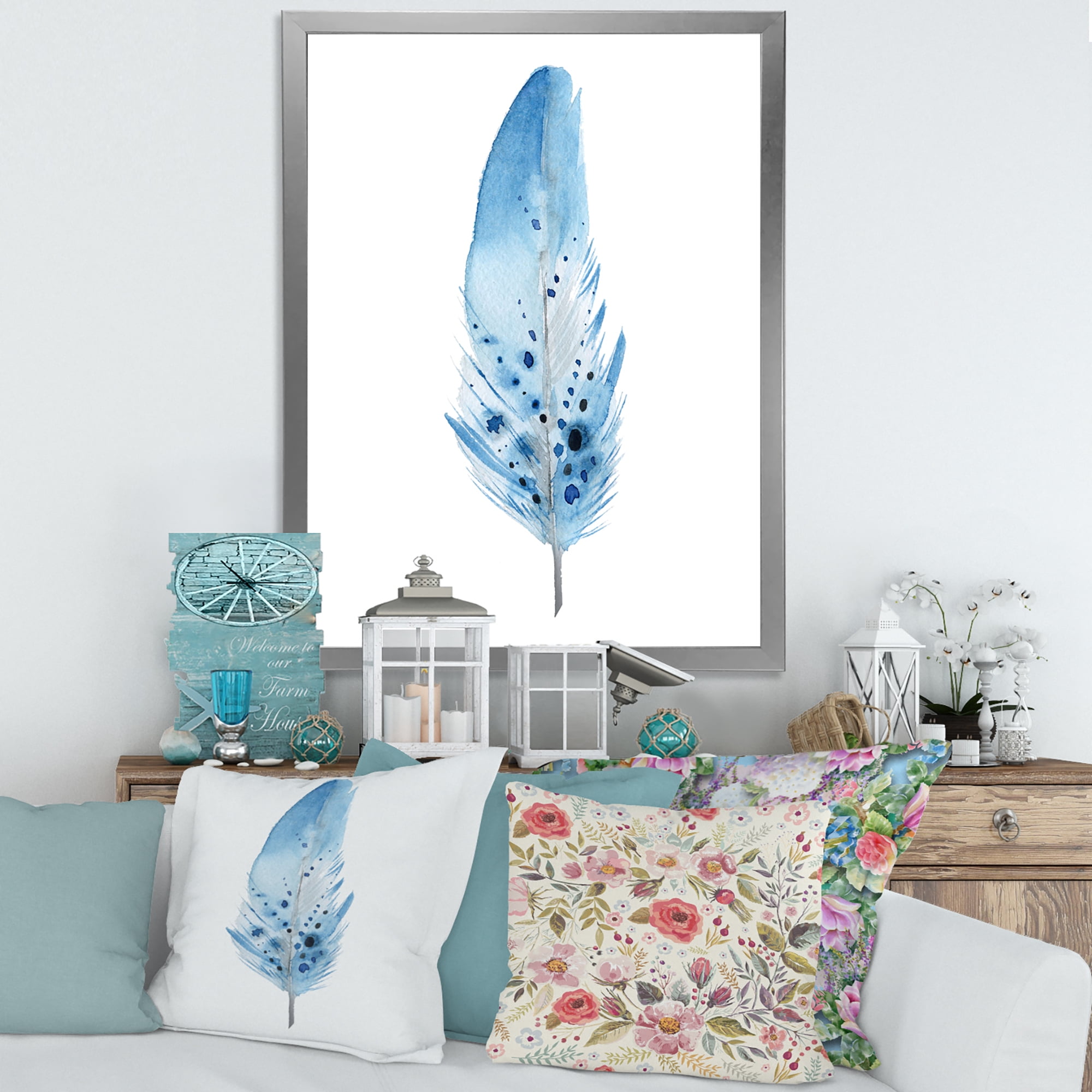 Designart 'Abstract Blue Boho Feathers' Bohemian & Eclectic Framed Art Print