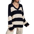 thumbnail image 2 of Hirigin Store Women's Spring Autumn Loose Sweaters Stripe Print V-Neck Trendy Knitted Long Sleeve Pullover, 2 of 9