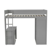 Euroco Wood Twin Size Loft Bed with Desk and Wardrobe, Gray