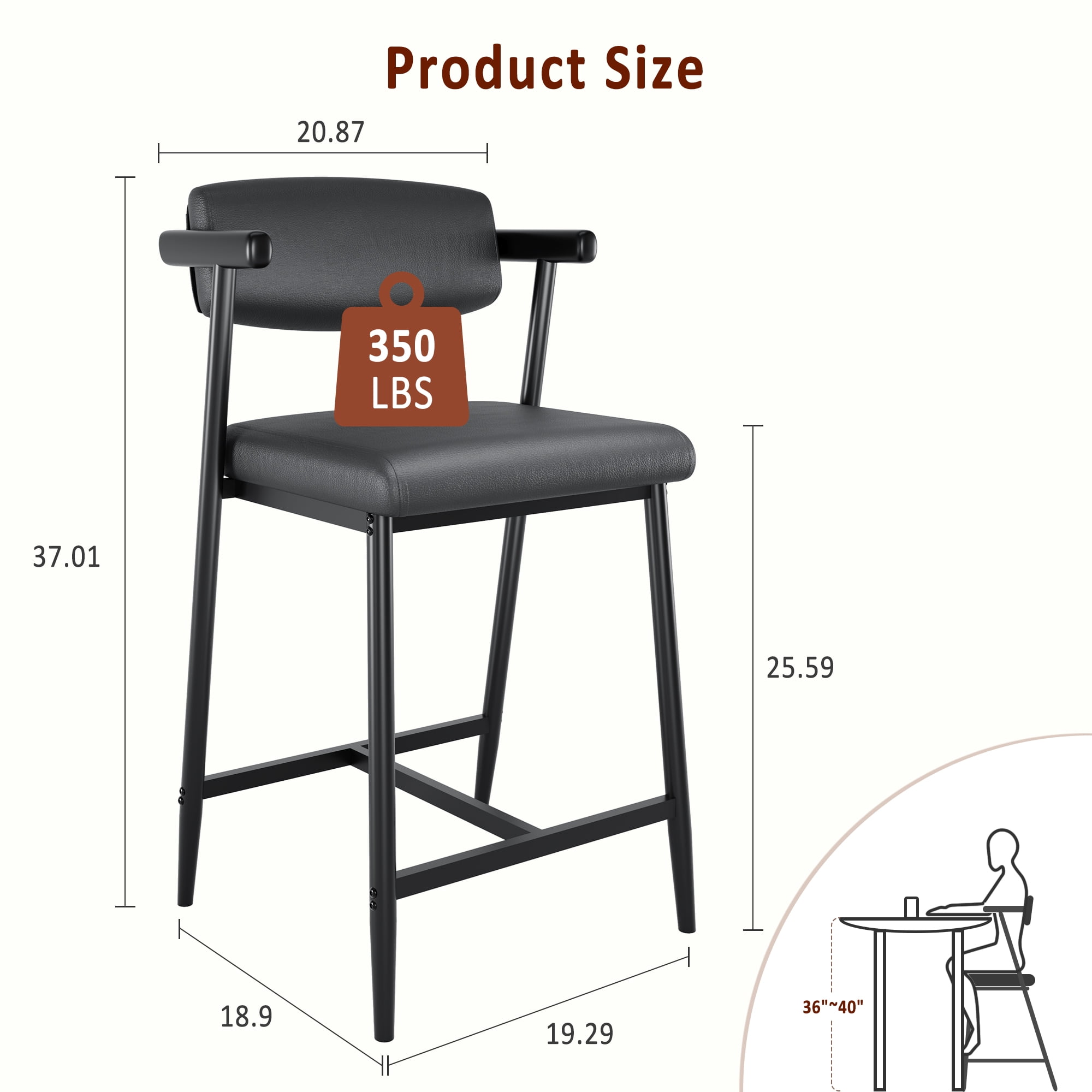 Modern Set of 2 Black Leather Counter Height Bar Stools with Arms & Back, Thickened Upholstered Cushion, Metal Footrest – Easy Assembly, Kitchen Island, Dining Room, 2pcs per Package, Black Leather
