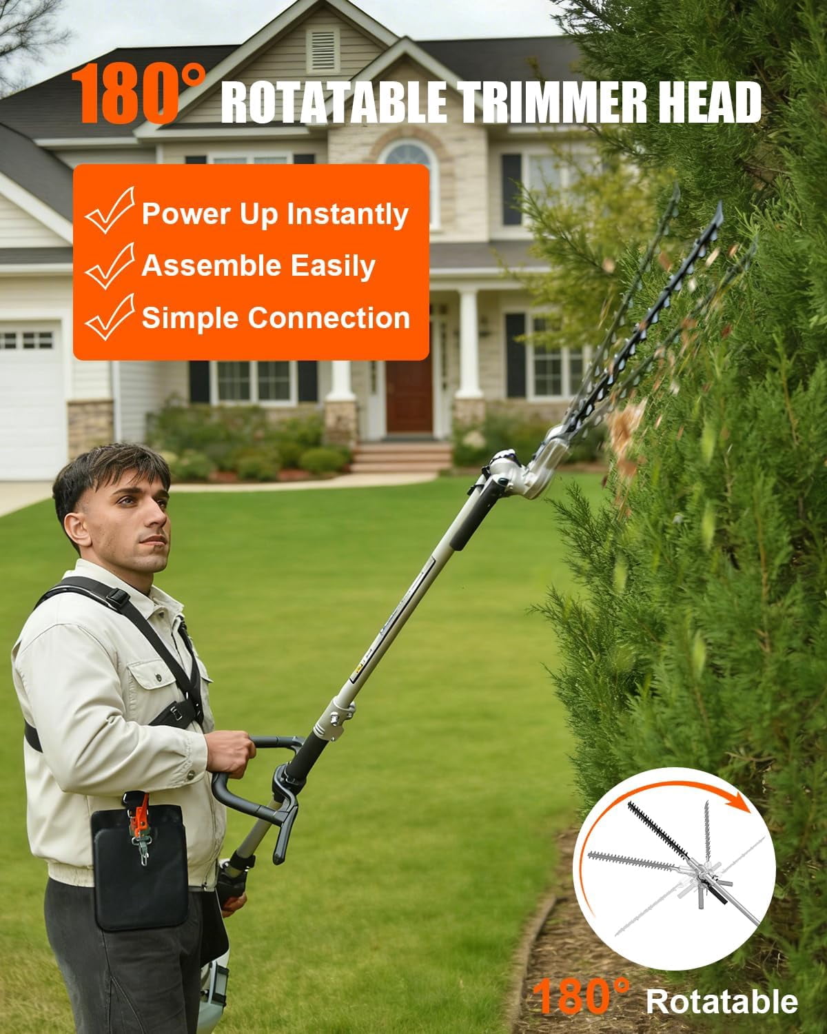 16-Inch Hedge Trimmer Attachment with 180° Swivel Head, Heavy Duty Dual-Action Cutting Blade Compatible with Gas-Powered Trimmers