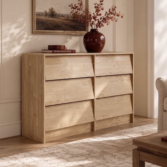 OONNEE 6 Drawer Dresser for Bedroom, 47" Wide Wood Chest, Natural Oak
