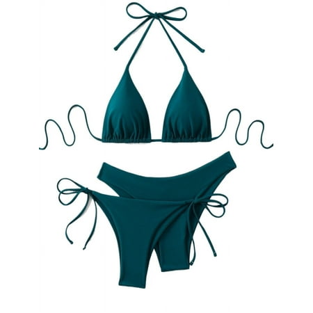 Womens Solid Halter Neck Bikini Top And 2 Bikini Bottoms  Bathing Suits Swimsuits For Women