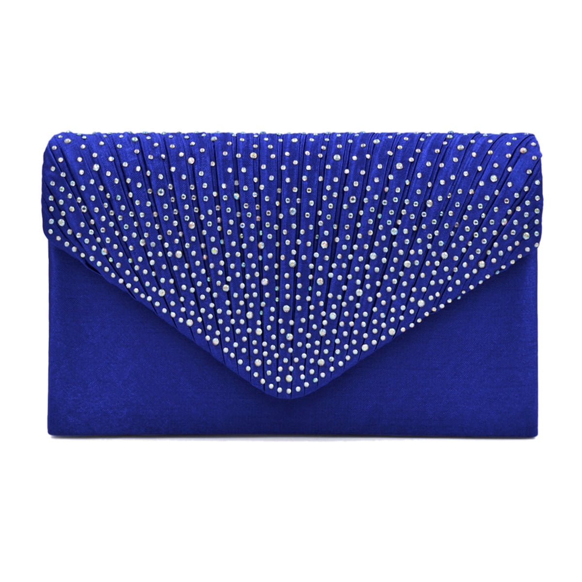 Premium Rainbow Rhinestones Pleated Front Satin Envelope Flap Clutch