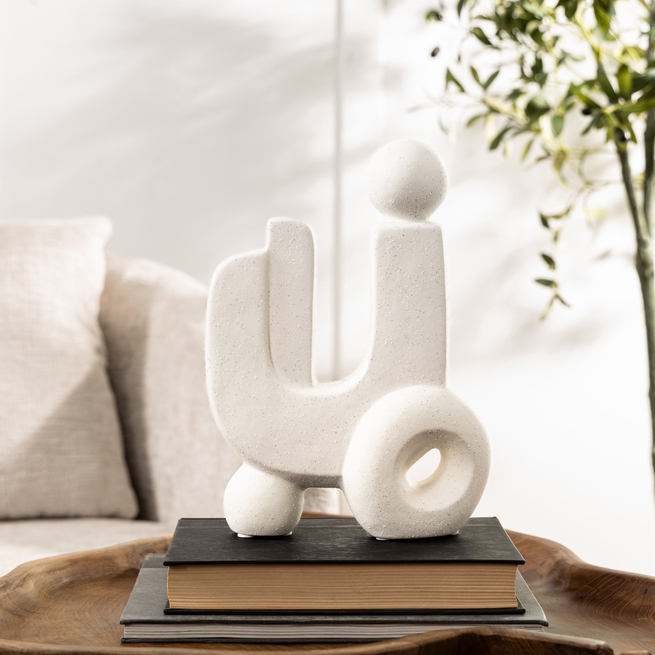 8" x 12" White Porcelain Ceramic Textured Geometric Sculpture with Black Speckles, by DecMode