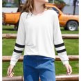 thumbnail image 6 of Dweltoz Girls Long Sleeve Shirts Striped Color Block Crewneck Tees Casual Loose Fit Tunic Tops Soft Pullover Sweatshirts Kids Big Girls Fall Back to School Clothes Size 2-13 Years,White, 6 of 6