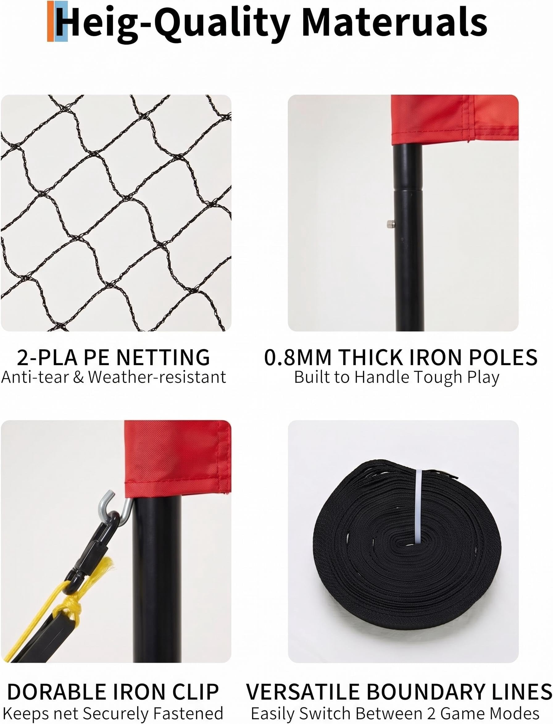 14FT 4-Square Cross Volleyball Net System with 3 Adjustable Heights, PE Outdoor Multiplayer Game Set with Ball, Pump & Carry Bag, Black/Red