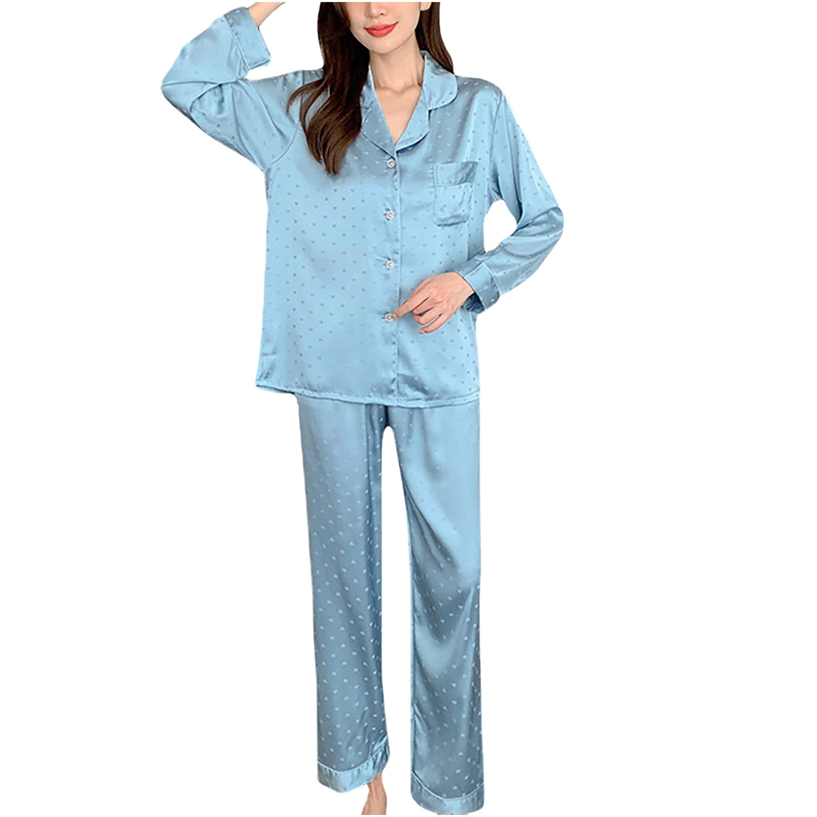 Jienlioq Pajama Sets for Women Plus Size Clearance Womens Fashion Home Wear Pajamas Women Two Piece Suit Long Sleeve Pants Pajama Set Homewear Sky