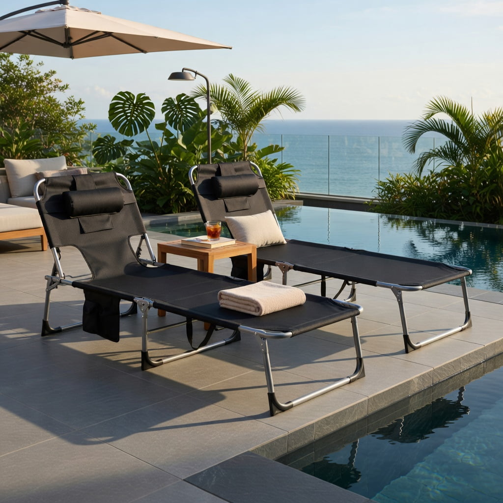 Hommoo Foldable Tanning Chair with Face & Arm Holes, Lightweight Portable Beach Chair for Pool, Patio, and Outdoor Use, Black