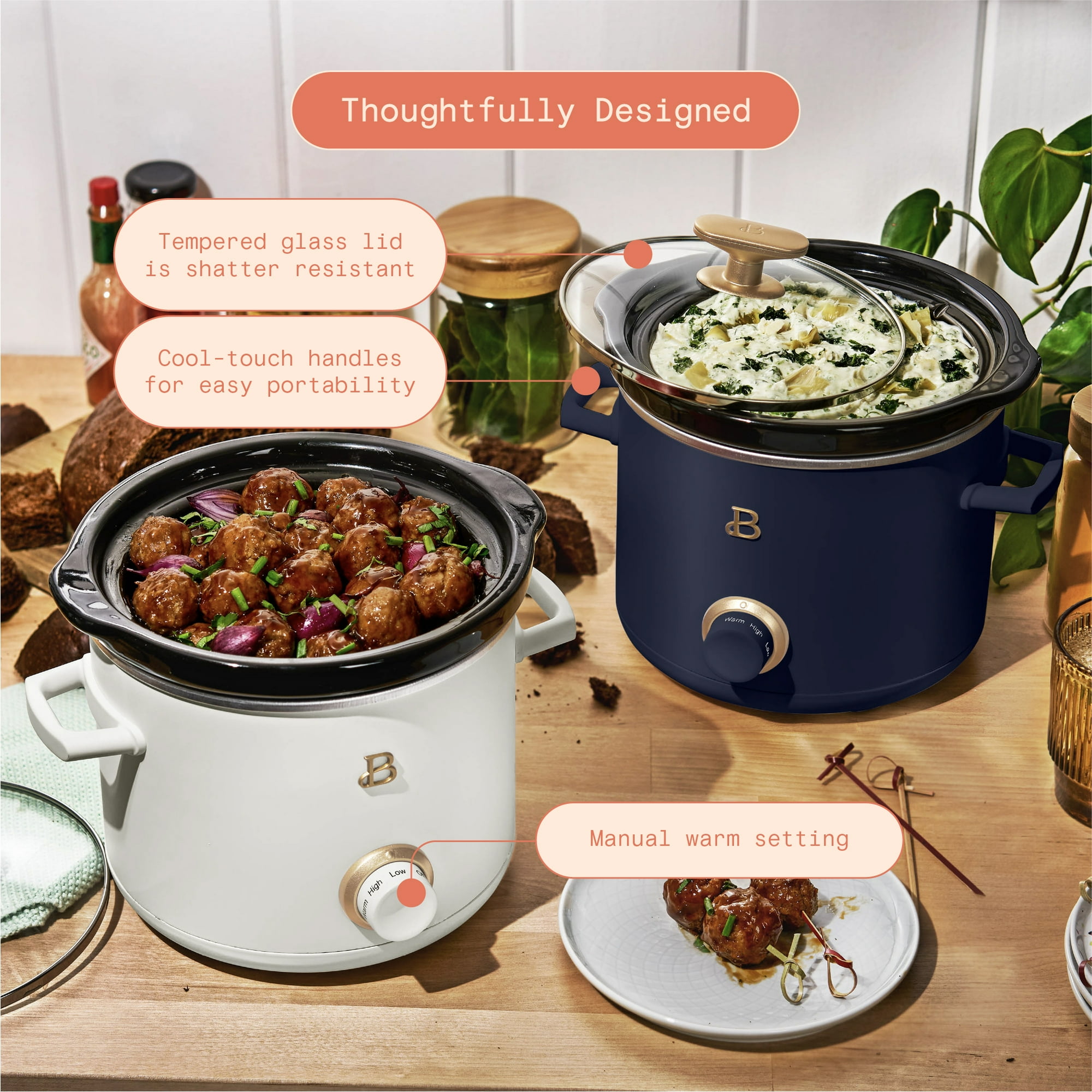 Beautiful 2 Qt Slow Cooker Set with Scrub Mommy, 2-Pack, White Icing and Starry Night by Drew Barrymore, Blue