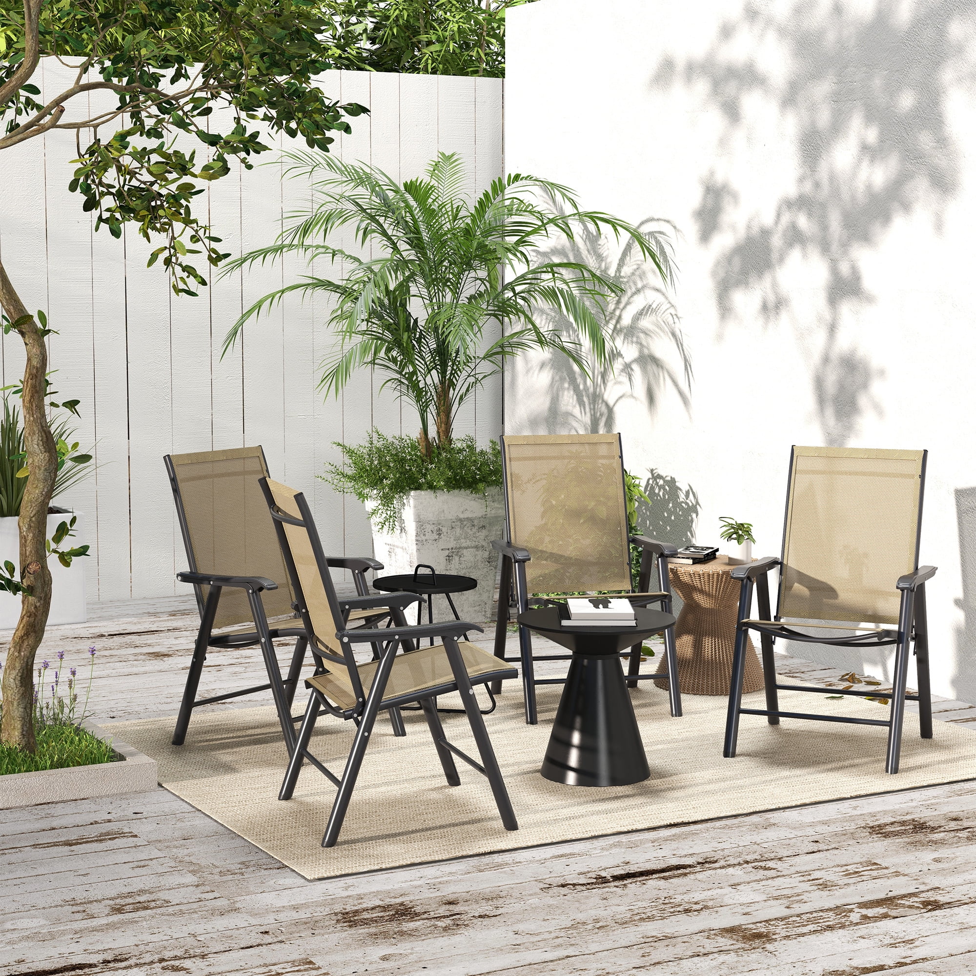 Set of 4 Patio Folding Chairs, Stackable Outdoor Sling Patio Dining Chairs with Armrests for Lawn, Camping, Dining, Beach, Metal Frame, No Assembly, Light Mixed Brown