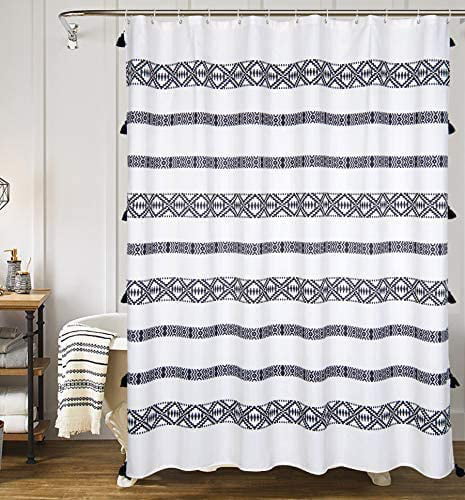 Beige Shower Curtain with Pleated Blue and White Pintuck Stripes 