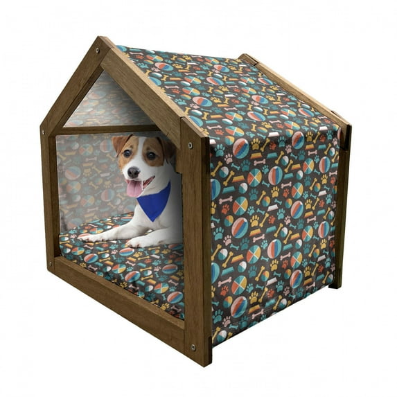 Dogs Pet House, Pattern with Puppy Food Paw Traces Bowls and Toys Veterinary Pet Lover Themed Print, Outdoor & Indoor Portable Dog Kennel with Pillow and Cover, 5 Sizes, Multicolor, by Ambesonne