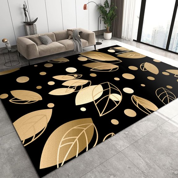 Luxurious Gilded Leaf Bedroom Rug, Modern Simple Black and Gold Spotted Pattern Living Room Carpet, Rug Pad Fine Fluff Short Velvet Apply to Foyer Bathroom Home,2ft x 3ft
