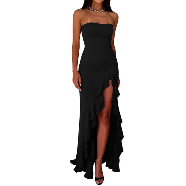 Vestido de Fiesta Ajustado Sin Mangas, , con Abertura Alta, Hombros Descubiertos y Fruncido para Mujer Negro L