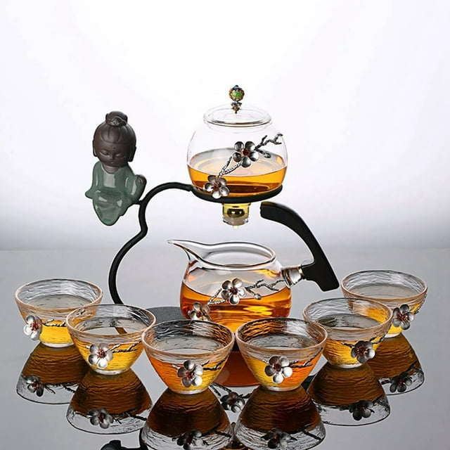 Semi-automatic Teapot Kung Fu Tea Set Tea Maker Suit Magnetic Attraction Lazy Tea Maker Heat Resistant Teapot with Infuser 6pcs Tea Cups of Holiday Gifts(Style3)