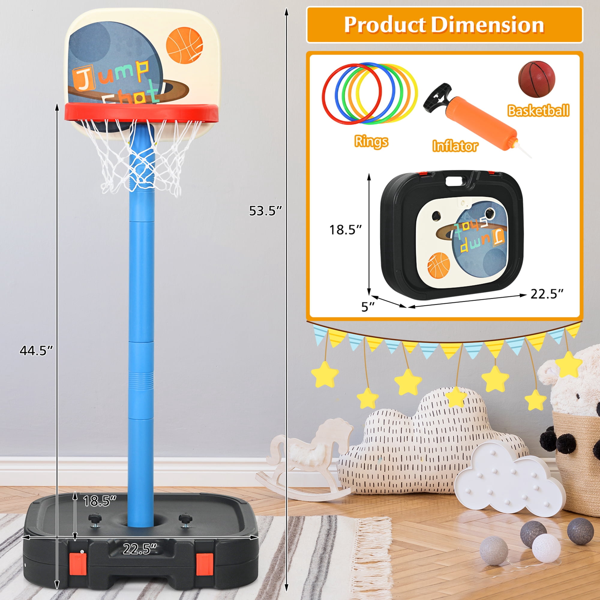 Gymax Portable 2 in 1 Kids Basketball Hoop Stand w/ Ring Toss & Storage Box Black