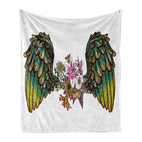 Angel Wings Soft Flannel Fleece Blanket, Vintage Orchids Bouquet with Feather Wings Exotic Spring Beauty Jungle Pattern, Cozy Plush for Indoor and Outdoor Use, 60" x 80", Multicolor, by Ambesonne
