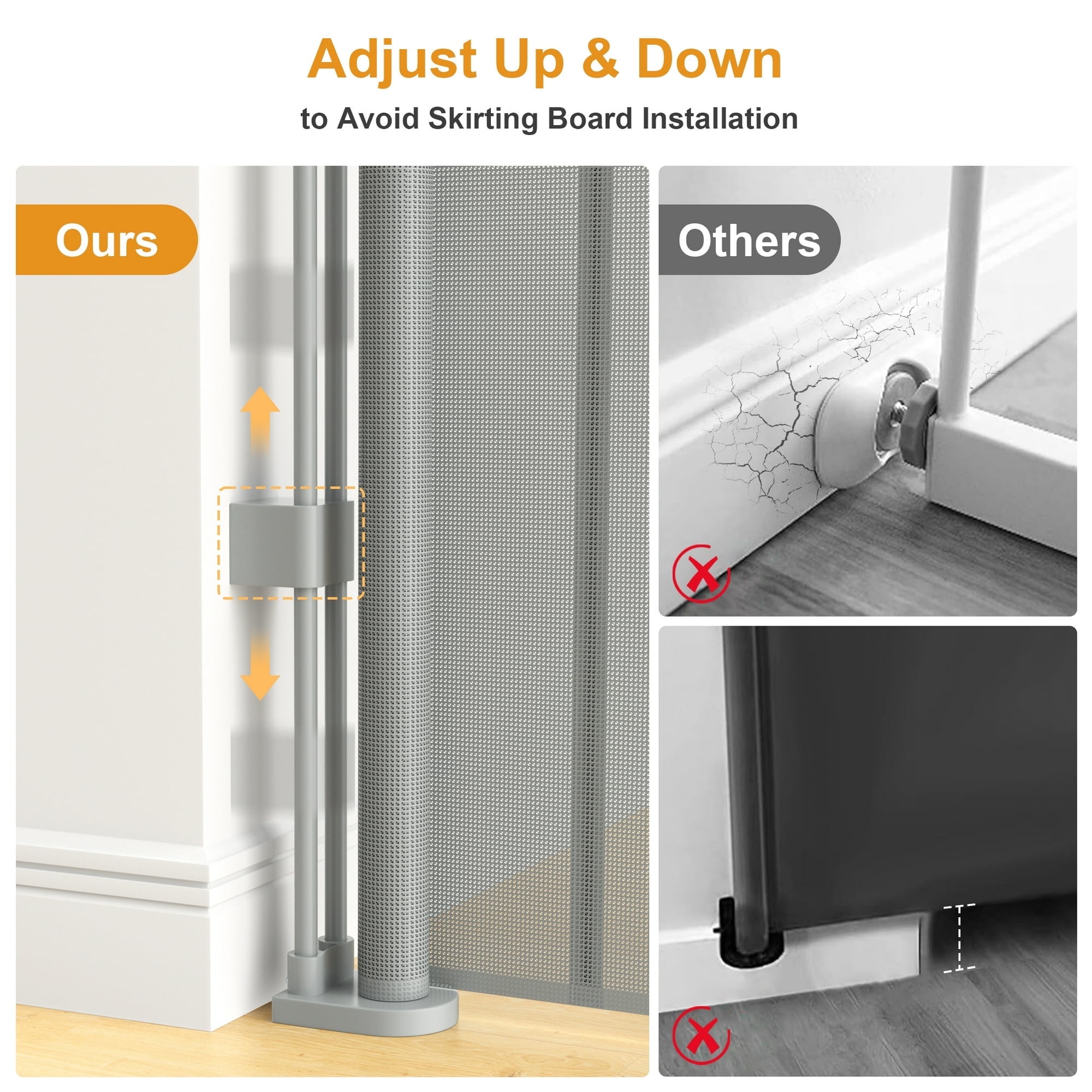 Vomeast 71in Extra Wide Retractable Baby Gates with Support Rods,Dog Gates for Doorways Stairs Hallways(Grey)