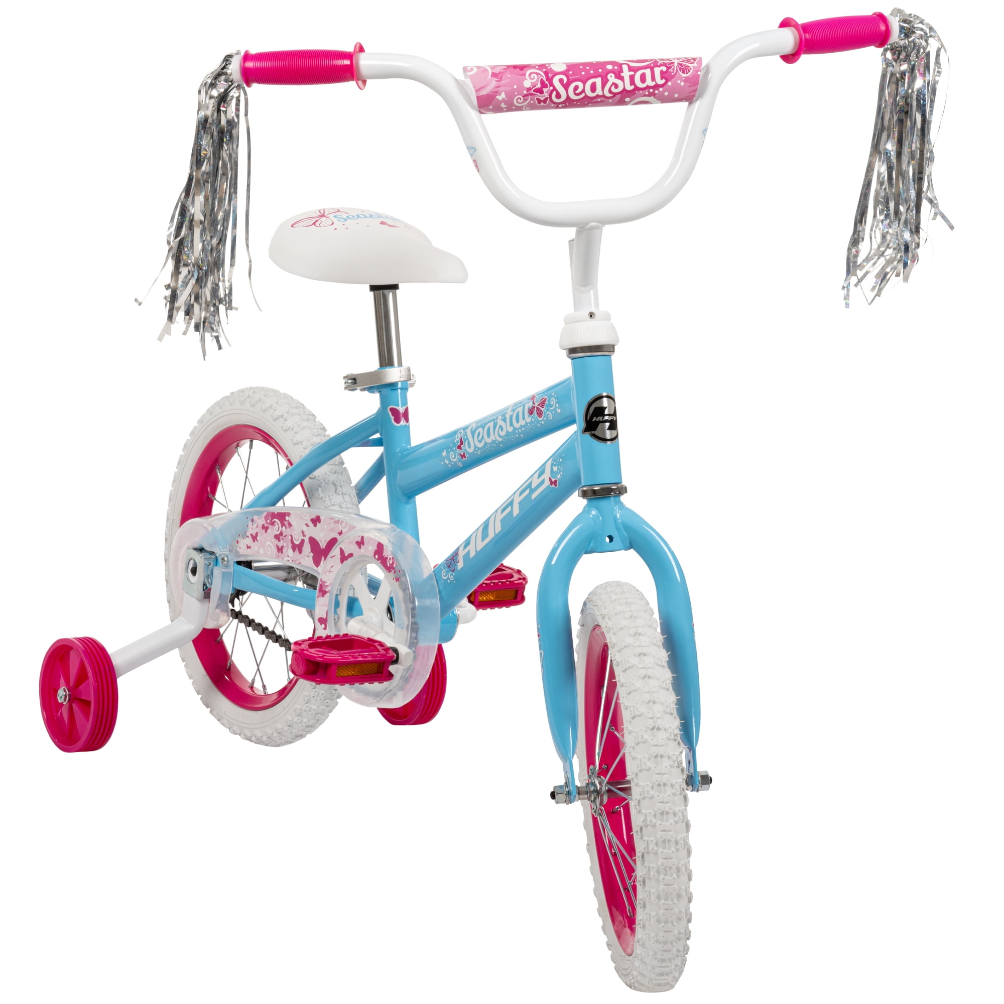 Huffy Sea Star 14-inch Girls’ Bike with Training Wheels, Blue/Pink, 4-6 years old