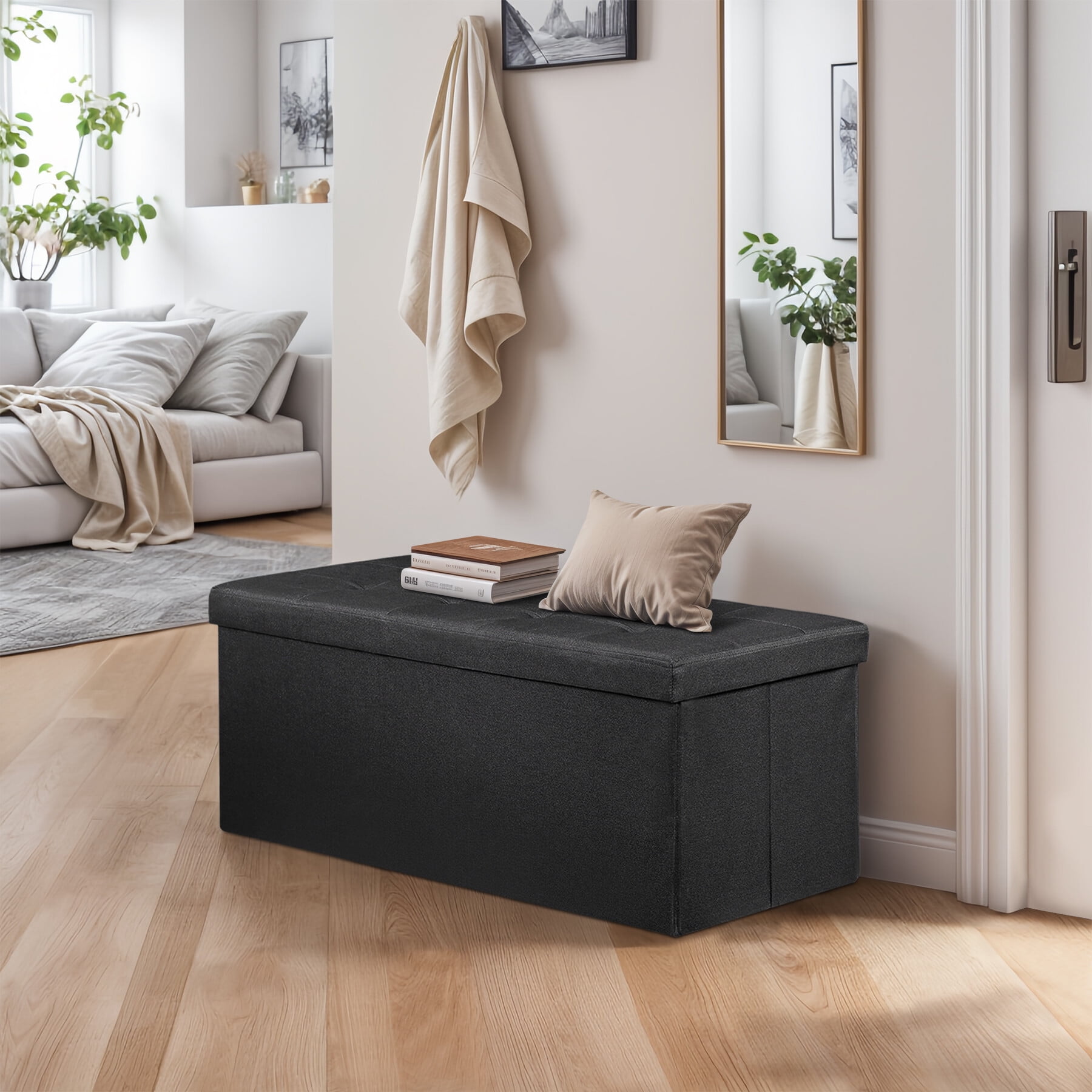 HomGarden 43'' Linen Storage Ottoman Bench, Foldable Footrest Stool W/ Divider, Black