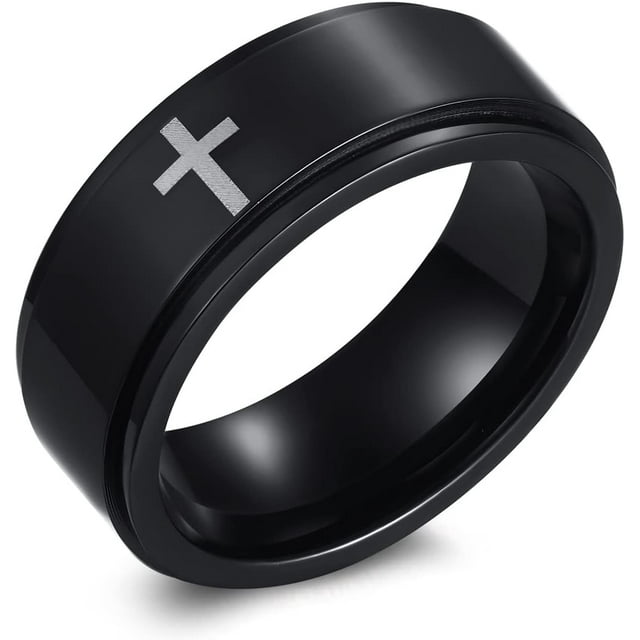 ORUYROP 6mm/8mm Titanium Steel Black/Silver/Gold Fidget Ring Engraved Small Cross Stainless Steel Spinner Rings Stress Relieving Anxiety Ring Engagement Wedding Promise Band for Women Men Boys