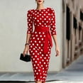 thumbnail image 2 of BLTIBY Elegant 3/4 Sleeve Midi Dress Women Polka Dot Vintage Boat Neck Waisted Slim Fit Dresses with Waist Sash for Office Cocktail Party Anniversary Evening Gowns Red 3XL, 2 of 6