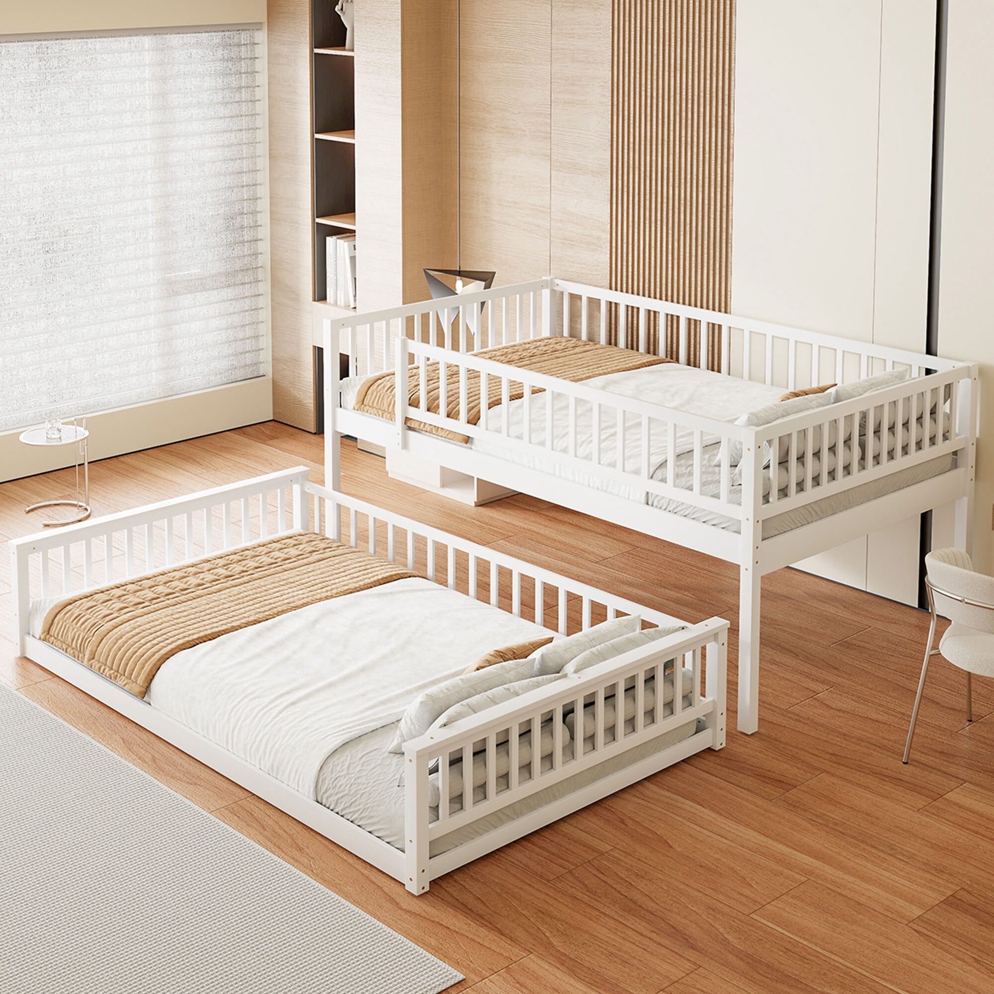 Euroco Wood Queen over Queen Bunk Bed with Ladder and Guardrails, White