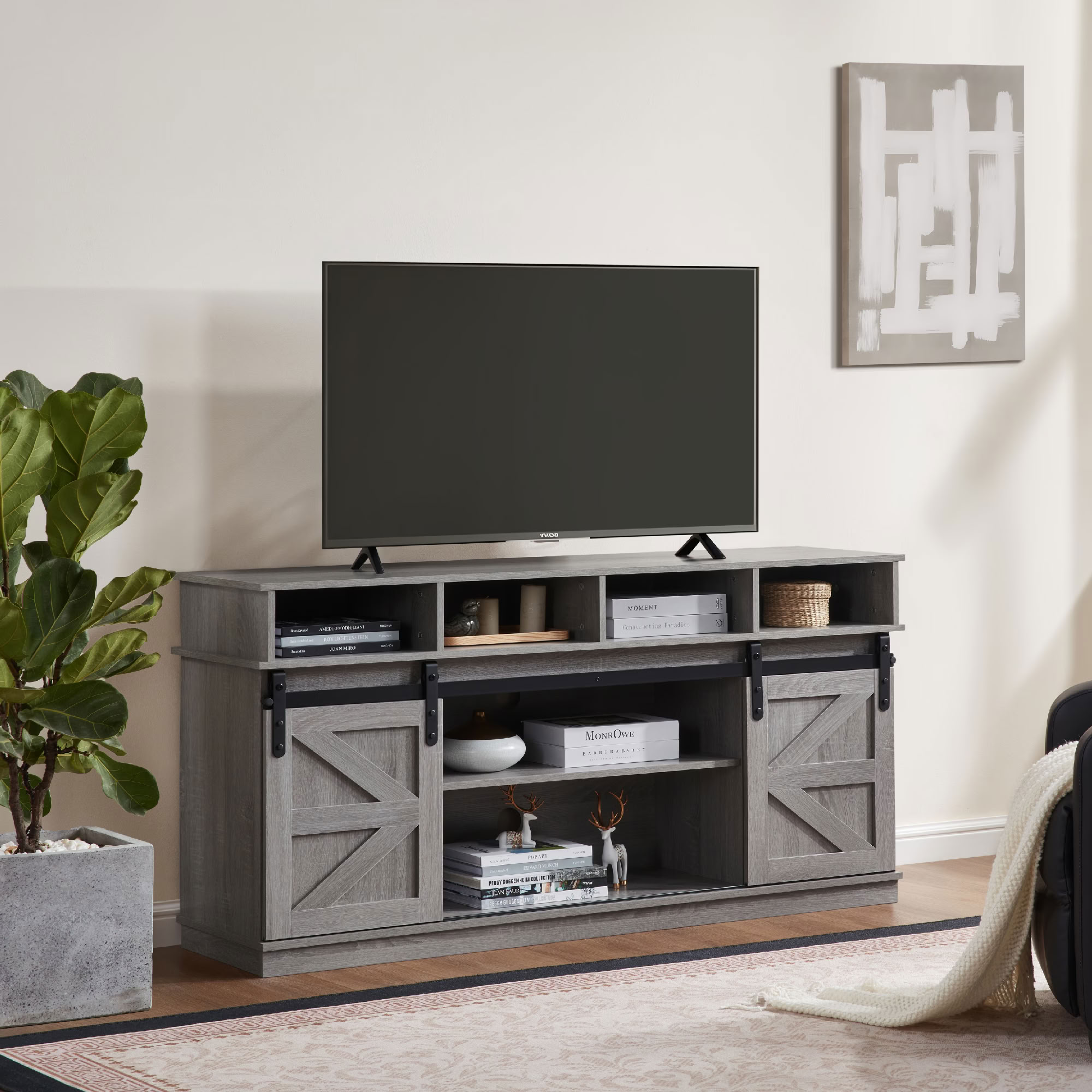 MAYEERTY Modern TV Stand with Sliding Barn Door, Farmhouse Wood Storage Cabinet with Adjustable Shelves for TVs Up to 65", Grey